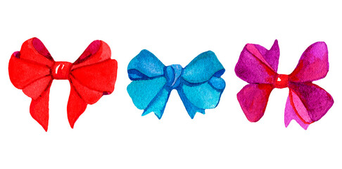 Watercolor bows from red, blue, lilac ribbons. Set of colored bows isolated on a white background.