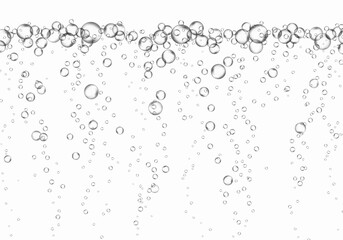 Fototapeta na wymiar Bubbles underwater texture isolated on white background. Vector fizzy air, gas or oxygen under water. Realistic champagne drink, soda effect template