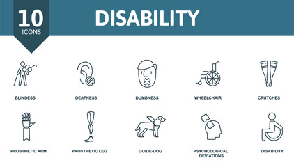 Disability icon set. Collection contain deafness, wheelchair, prosthetic arm, guide-dog and over icons. Disability elements set.