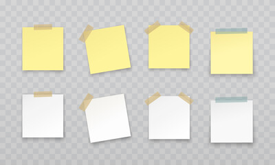 Note paper sticker set isolated on transparent background. Vector yellow and white office post, memo on sticky tapes with shadows