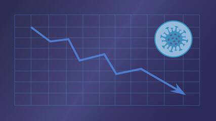 Quarantine is over. Coronavirus is finish. Lockdown end inscription, Coronavirus Quarantine End. Decreasing of virus activity. Arrow goes down