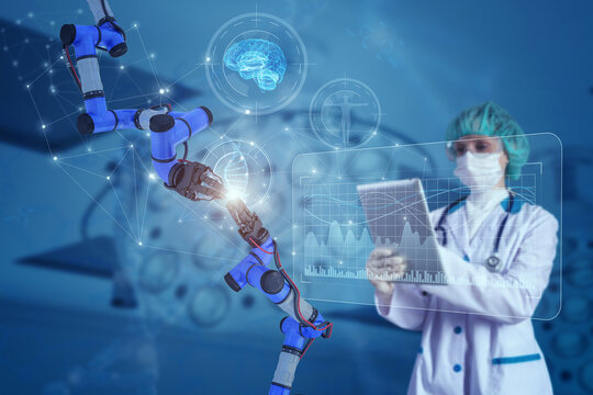 Female doctor working on computer diagnostics and analysis. Innovative technology in science and medicine concept. Collage containing 3d illustration elements