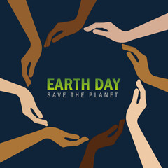human hands with different skin colors form a circle for earth day vector illustration EPS10