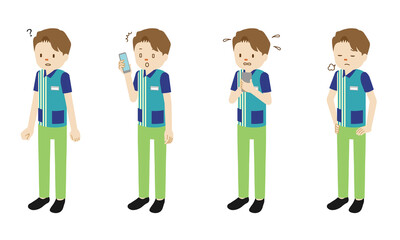Illustration set of 4 poses of male clerk at convenience store