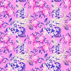 Roses with elder flowers, seamless pattern.