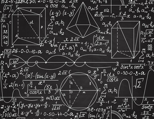 Math educational vector seamless pattern with handwritten algebra calculations, geometry figures and equations, "handwritten with chalk on a grey blackboard"