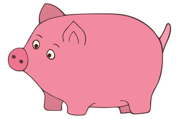 The pink pig. Color vector illustration. A pet. Animal on an isolated white background. Cartoon style. Chubby kid from the farm. Mumps with a tail in the form of a hook. 