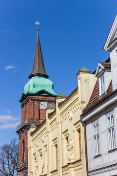 Colorful houses and church tower in Schwerin, Germany