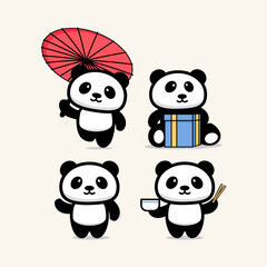 Set of cute cartoon panda flat. Animal character design.