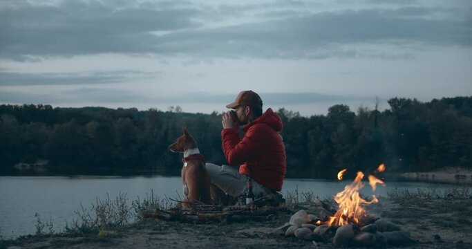 Man and pet dog rest next to campfire on hike trip. High quality 4k footage