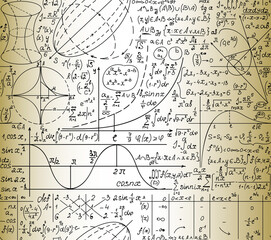 Math educational vector seamless background with handwritten formulas, figures, calculations, "handwritings on the old paper" effect
