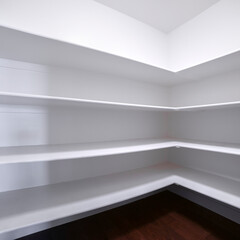 Square Empty white fitted shelves in an interior room