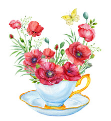 abouquet of poppy flowers in a Cup .watercolor hand painting