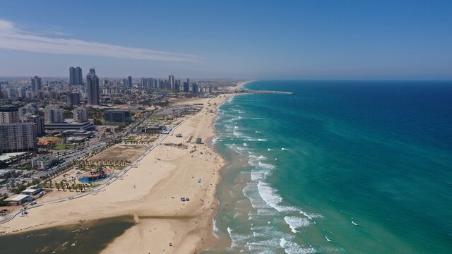 Ashdod Beach Shoreline with hotels and Mediterranean Sea-Aerial