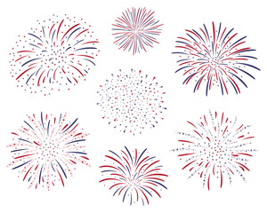 Set of vector firework design isolated on white background. Fourth of july independence day of the usa. USA flag color firework celebration