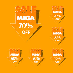 Mega Sale Arrow sticker banner set in pop-art style. The global fall in prices sticky label. Many % OFF. Abstract pointer background. Advertising cursor poster. illustration