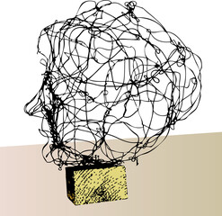 A vector illustration of a head made of wire. 