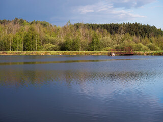 view on calm water of forest lake, fish pond Kunraticky rybnik with dam pier, birch and spruce trees growing along the shore and clear blue sky in golden sun light. Nature background. Spring landscape