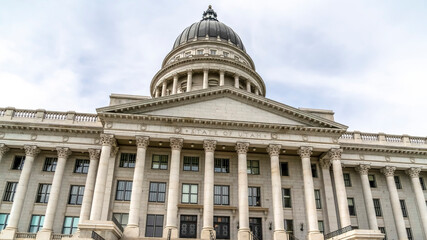Panorama Utah State Capital building with stairs leading to the pedimented entrance