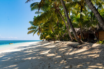 A scene from a beach on a small island of the coast of Madagascar with white sand and palm trees
