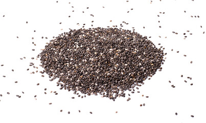 a pile of organic Chia seeds rich in omega-3 fatty acids, side view isolated on a white background