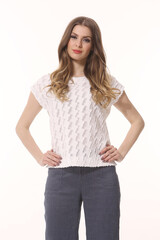 Indian business woman hands on waist in casual white lace blouse close up photo