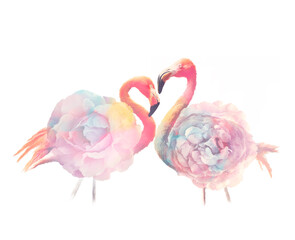digital painting of Pink flamingo birds with flower