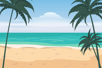 Fototapeta na wymiar Summer beach on sea ocean coast, palms sand surf
