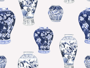 Aquarell kobaltblaue Vasen, Vasen im chinesischen Stil