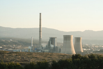 Provence power station, also called Meyreuil Gardanne Plant, seen at dusk with its typical...