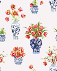 Watercolor vases with Tulips, Cobalt blue vase with flowers, Pattern - 357842160