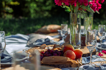 picnic table in blue tones for many guests