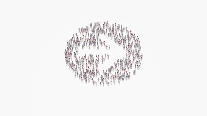 3d rendering of crowd of people in shape of symbol of right arrow in circle on white background isolated