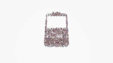 3d rendering of crowd of people in shape of vertical symbol of half charged battery  on white...