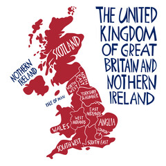 Vector hand drawn stylized map of the United Kingdom. Travel illustration of Great Britain regions. Hand drawn lettering illustration. Europe map element