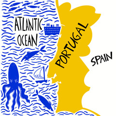 Vector hand drawn stylized map of Portugal. Travel illustration of Portuguese Republic with water names. Hand drawn lettering illustration. Europe map element