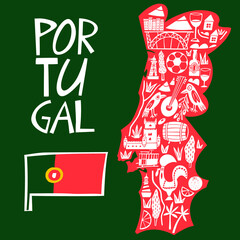 Vector hand drawn stylized map of Portugal. Travel illustration of Portuguese Republic landmarks. Hand drawn lettering illustration. Europe map element