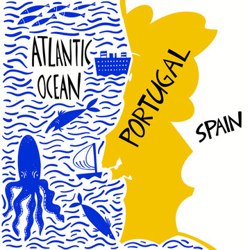 Vector hand drawn stylized map of Portugal. Travel illustration of Portuguese Republic with water names. Hand drawn lettering illustration. Europe map element