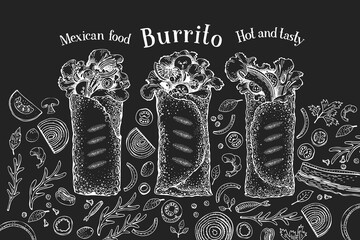 Hand drawn burrito banner. Vector fast food illustrations on chalk board. Retro junk food background - obrazy, fototapety, plakaty
