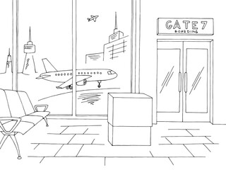Airport interior boarding gate graphic black white sketch illustration vector