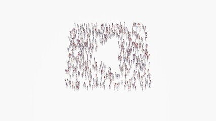 3d rendering of crowd of people in shape of symbol of caret square left on white background isolated