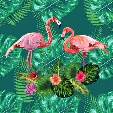 Trendy seamless pattern pink flamingo birds couple. Bright camelia flowers. Tropical monstera green leaves. © MichiruKayo