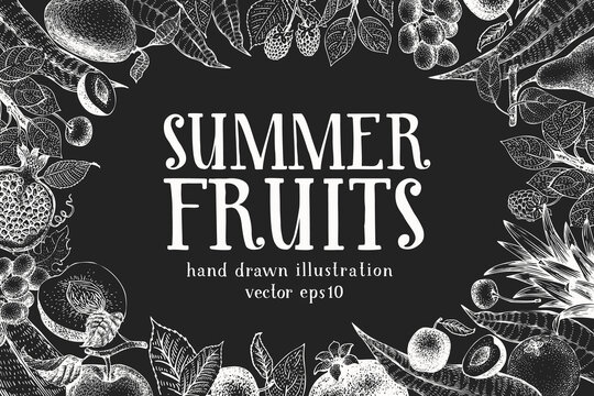 Hand drawn fruits and berries design template. Vector fruits illustrations on chalk board. Retro food background