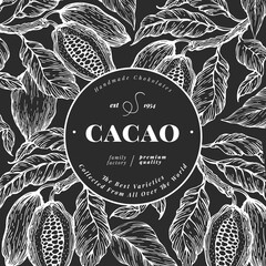 Hand drawn cocoa design template. Vector cacao plants illustrations on chalk board. Retro natural chocolate background