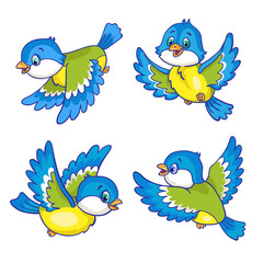 Set of four funny flying titmouses in different poses.  In cartoon style. Isolated on white background. Vector illustration.