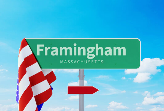 Framingham &ndash; Massachusetts. Road or Town Sign. Flag of the united states. Blue Sky. Red arrow shows the direction in the city. 3d rendering