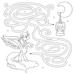 Labyrinth. Maze game for kids. Help cute cartoon pegasus on a cloud find path to the moon and star in a lantern. White and black vector illustration for coloring book.