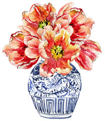 Watercolor vase with Tulips, Cobalt blue vase with flowers - 357846523