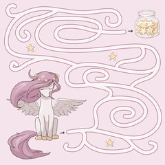 Labyrinth. Maze game for kids. Help cute cartoon pegasus  find path to a glass jar with stars. Fantasy vector illustration. Light pink and yellow pastel colors.