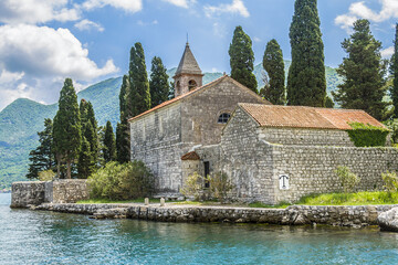 Benedictine monastery from the 12th century on George Island. George Island is one of the two islets off the coast of Perast in Bay of Kotor (Boka Kotorska), Montenegro.